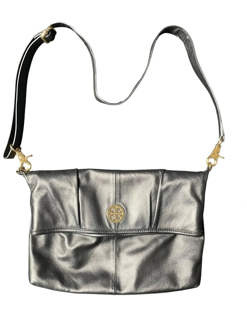 Tory Burch Black Pebbled Leather Foldover Crossbody Convertible Bag Excellent